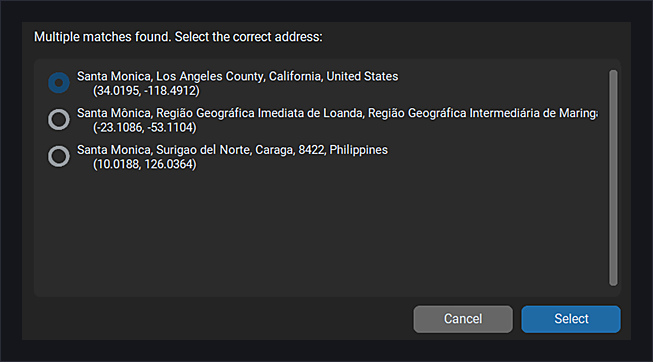 Address verification dialog showing multiple location matches