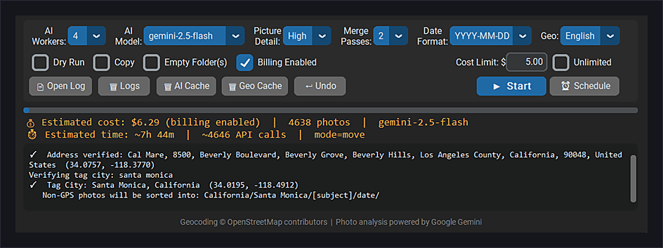 DKPhotoSorter with billing enabled showing 4 workers, high detail, and faster estimated time