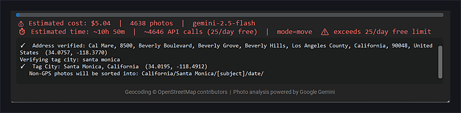 Cost estimate showing $5.04 for 4,638 photos with Gemini Flash