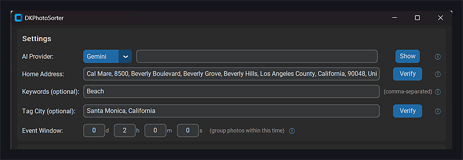 DKPhotoSorter sorting photos by location using the Google Gemini AI provider