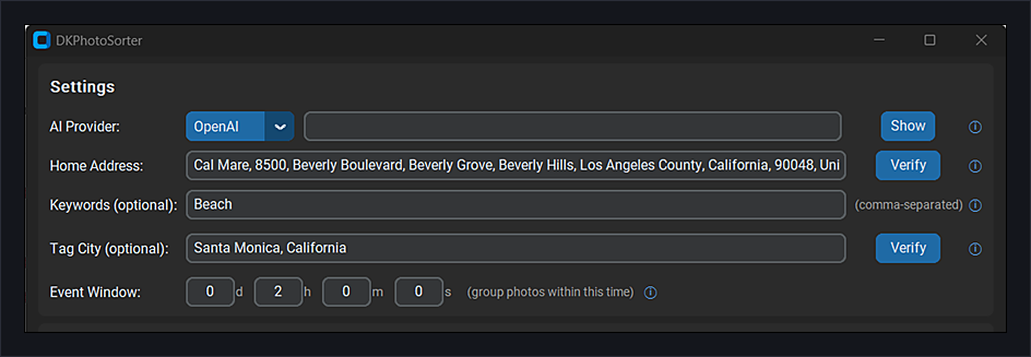 DKPhotoSorter sorting photos by location using the OpenAI AI provider