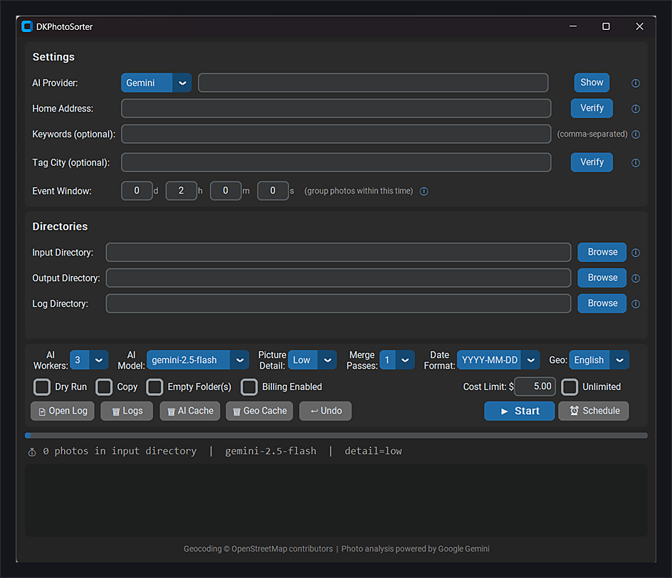 DKPhotoSorter application window showing settings, directory configuration, and sorting controls